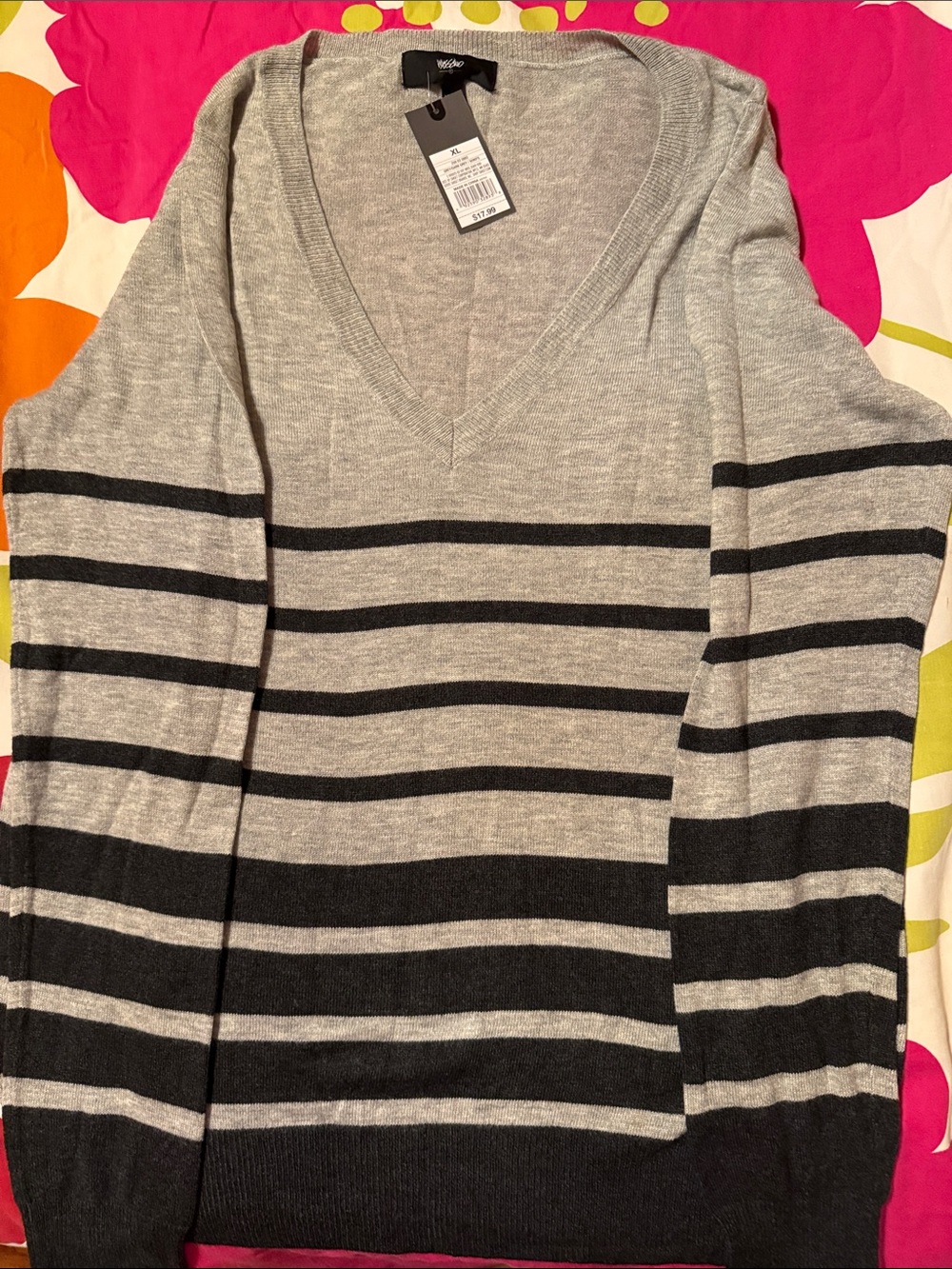 wild fable Gray and Black Striped V-Neck Sweater